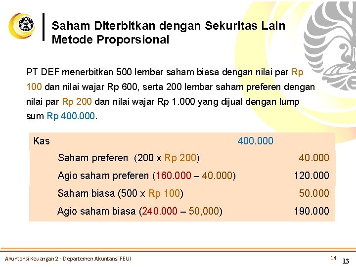 Saham Diterbitkan dengan Sekuritas Lain Metode Proporsional PT DEF menerbitkan 500 lembar saham biasa