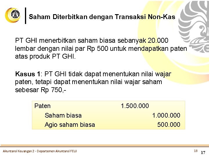 Saham Diterbitkan dengan Transaksi Non-Kas PT GHI menerbitkan saham biasa sebanyak 20. 000 lembar