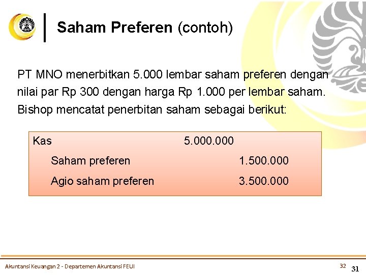 Saham Preferen (contoh) PT MNO menerbitkan 5. 000 lembar saham preferen dengan nilai par