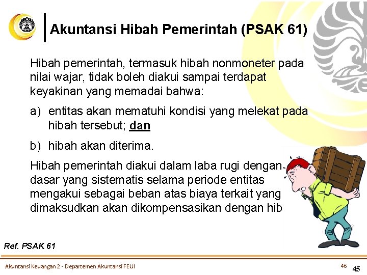 Akuntansi Hibah Pemerintah (PSAK 61) Hibah pemerintah, termasuk hibah nonmoneter pada nilai wajar, tidak