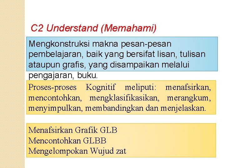 C 2 Understand (Memahami) Mengkonstruksi makna pesan-pesan pembelajaran, baik yang bersifat lisan, tulisan ataupun