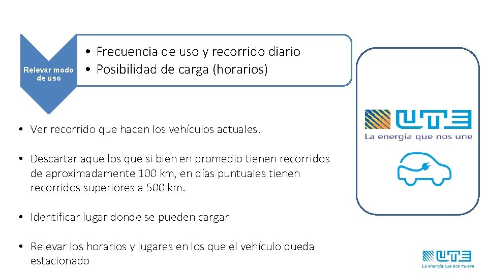 Relevar modo de uso • Frecuencia de uso y recorrido diario • Posibilidad de