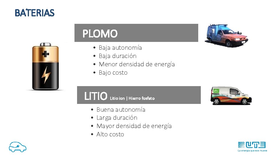 BATERIAS PLOMO • • Baja autonomía Baja duración Menor densidad de energía Bajo costo