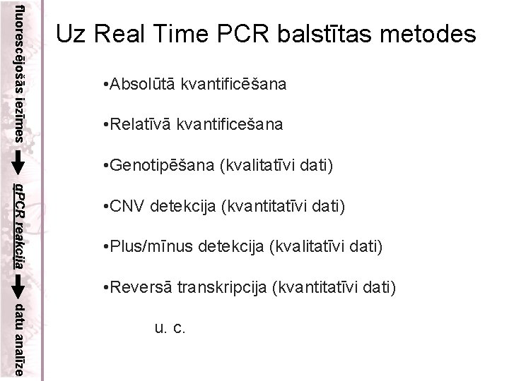 fluorescējošās iezīmes Uz Real Time PCR balstītas metodes • Absolūtā kvantificēšana • Relatīvā kvantificešana