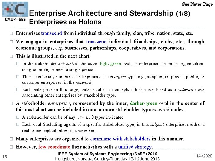 See Notes Page Enterprise Architecture and Stewardship (1/8) Enterprises as Holons � Enterprises transcend