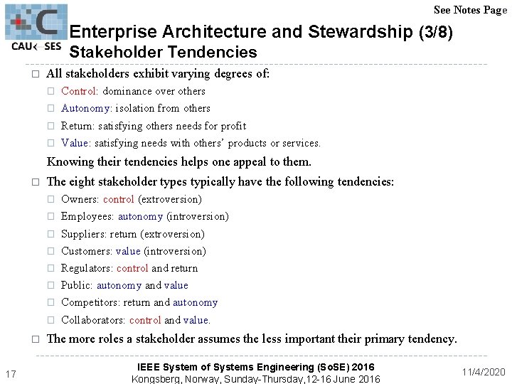 See Notes Page Enterprise Architecture and Stewardship (3/8) Stakeholder Tendencies � All stakeholders exhibit