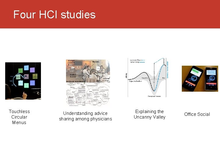 Four HCI studies Touchless Circular Menus Understanding advice sharing among physicians Explaining the Uncanny