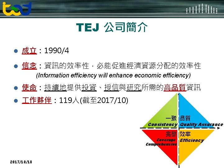 Logo TEJ 公司簡介 l 成立： 1990/4 l 信念：資訊的效率性，必能促進經濟資源分配的效率性 (Information efficiency will enhance economic efficiency)