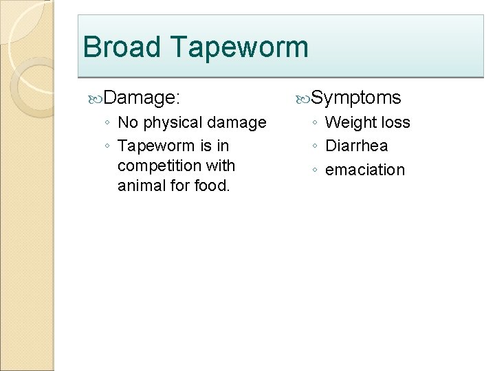 Broad Tapeworm Damage: ◦ No physical damage ◦ Tapeworm is in competition with animal
