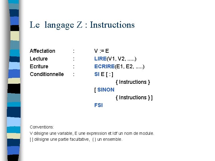 Le langage Z : Instructions Affectation Lecture Ecriture Conditionnelle : : V : =