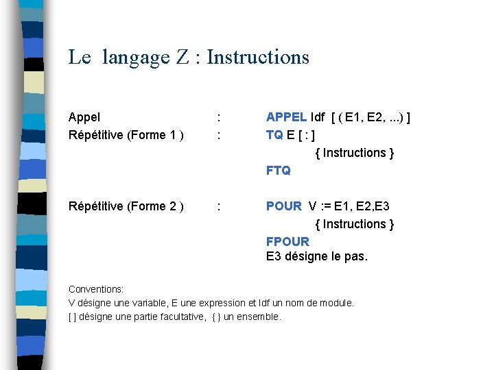 Le langage Z : Instructions Appel Répétitive (Forme 1 ) : : APPEL Idf