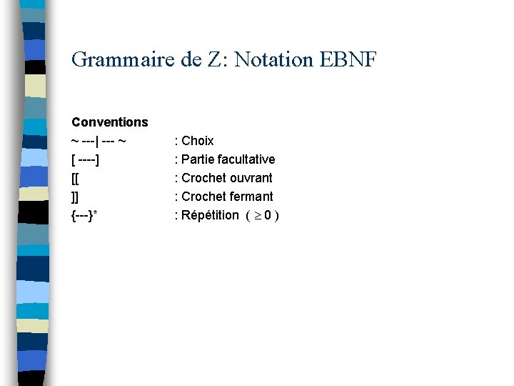 Grammaire de Z: Notation EBNF Conventions ~ ---| --- ~ [ ----] [[ ]]