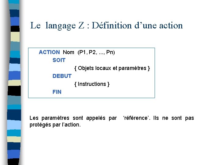 Le langage Z : Définition d’une action ACTION Nom (P 1, P 2, .