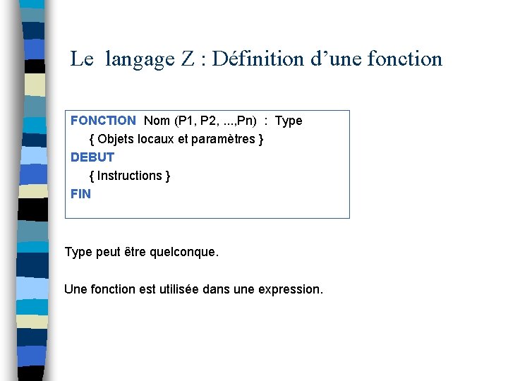 Le langage Z : Définition d’une fonction FONCTION Nom (P 1, P 2, .