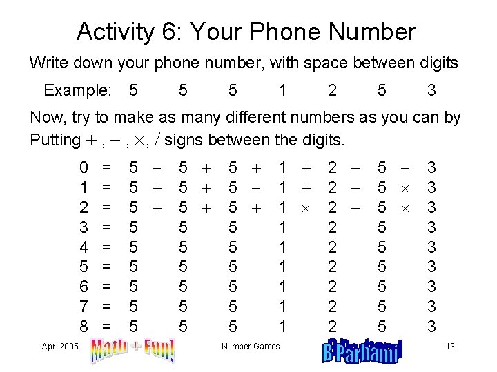 Activity 6: Your Phone Number Write down your phone number, with space between digits