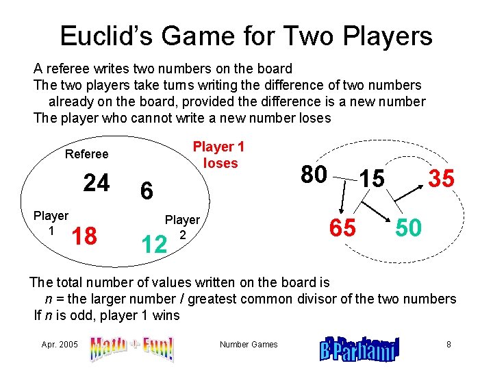 Euclid’s Game for Two Players A referee writes two numbers on the board The