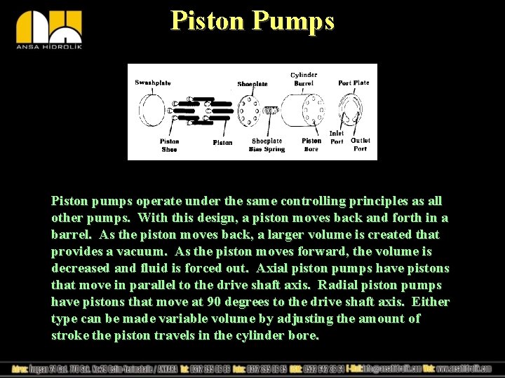 Piston Pumps Piston pumps operate under the same controlling principles as all other pumps.