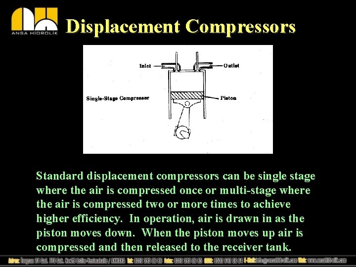Displacement Compressors Standard displacement compressors can be single stage where the air is compressed