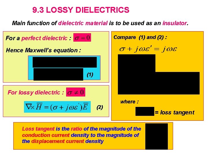 9. 3 LOSSY DIELECTRICS Main function of dielectric material is to be used as