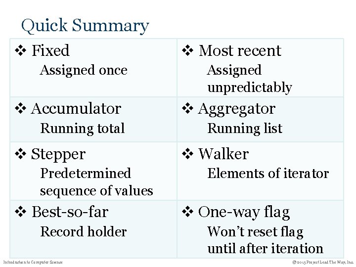 Quick Summary v Fixed Assigned once v Accumulator Running total v Stepper Predetermined sequence