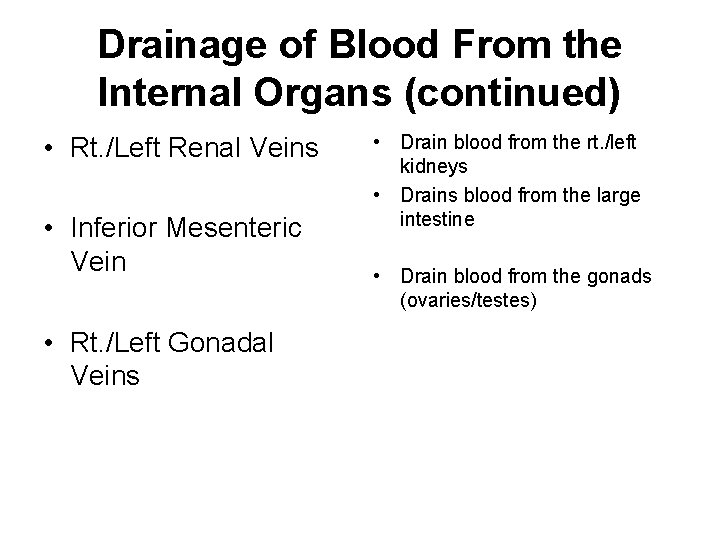 Drainage of Blood From the Internal Organs (continued) • Rt. /Left Renal Veins •