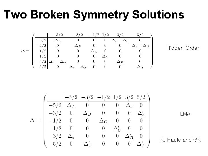 Two Broken Symmetry Solutions Hidden Order LMA K. Haule and GK 