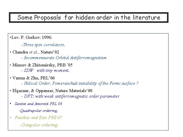 Some Proposals for hidden order in the literature • Lev. P. Gorkov: 1996: -Three