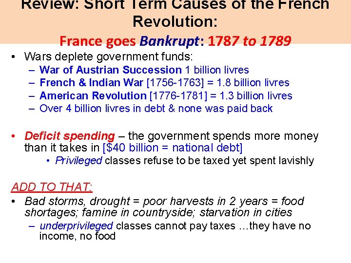 Review: Short Term Causes of the French Revolution: France goes Bankrupt: 1787 to 1789