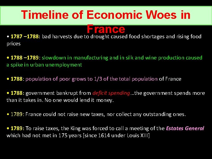 Timeline of Economic Woes in France • 1787 – 1788: bad harvests due to