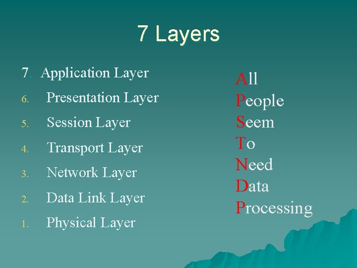 7 Layers 7. Application Layer 6. Presentation Layer 5. Session Layer 4. Transport Layer