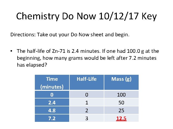 Chemistry Do Now 10/12/17 Key Directions: Take out your Do Now sheet and begin.