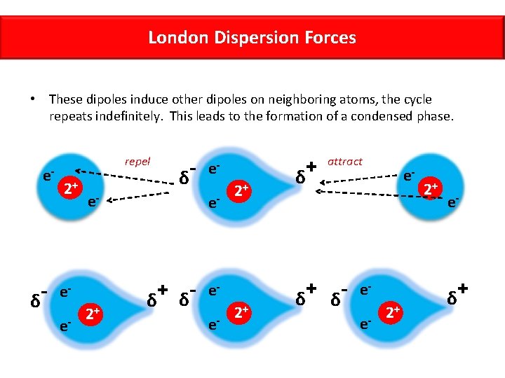 London Dispersion Forces • These dipoles induce other dipoles on neighboring atoms, the cycle