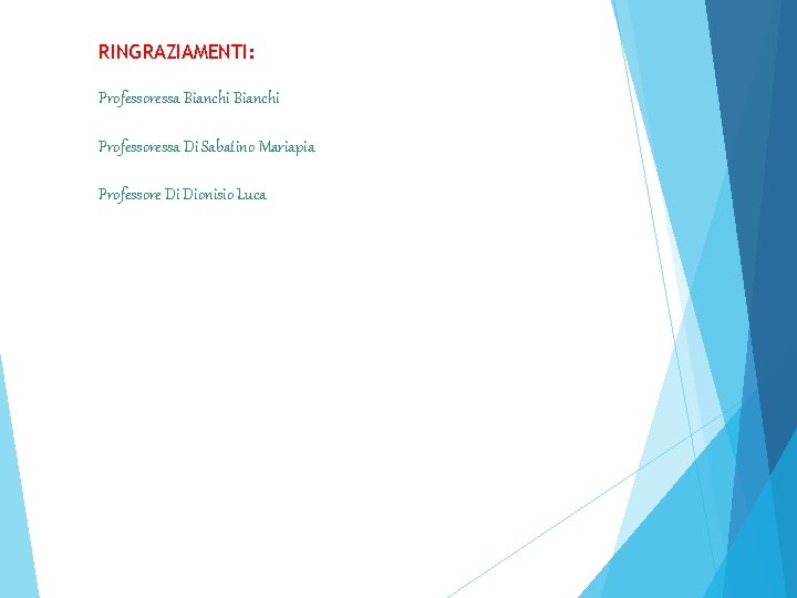 RINGRAZIAMENTI: Professoressa Bianchi Professoressa Di Sabatino Mariapia Professore Di Dionisio Luca 