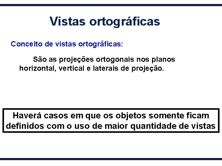 Vistas ortográficas Conceito de vistas ortográficas: São as projeções ortogonais nos planos horizontal, vertical