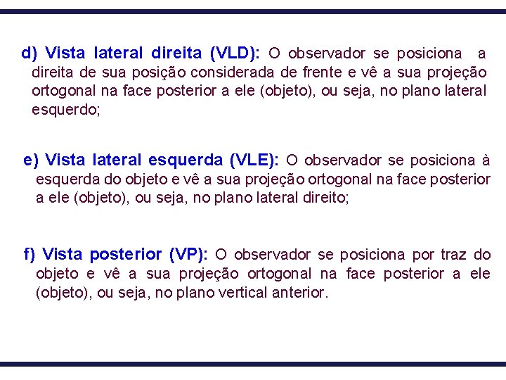 d) Vista lateral direita (VLD): O observador se posiciona a direita de sua posição