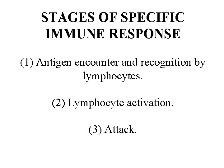 STAGES OF SPECIFIC IMMUNE RESPONSE (1) Antigen encounter and recognition by lymphocytes. (2) Lymphocyte STAGES OF SPECIFIC IMMUNE RESPONSE (1) Antigen encounter and recognition by lymphocytes. (2) Lymphocyte