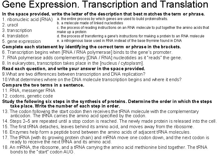 Gene Expression. Transcription and Translation In the space provided, write the letter of the Gene Expression. Transcription and Translation In the space provided, write the letter of the
