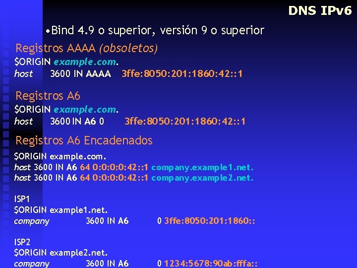 DNS IPv 6 • Bind 4. 9 o superior, versión 9 o superior Registros