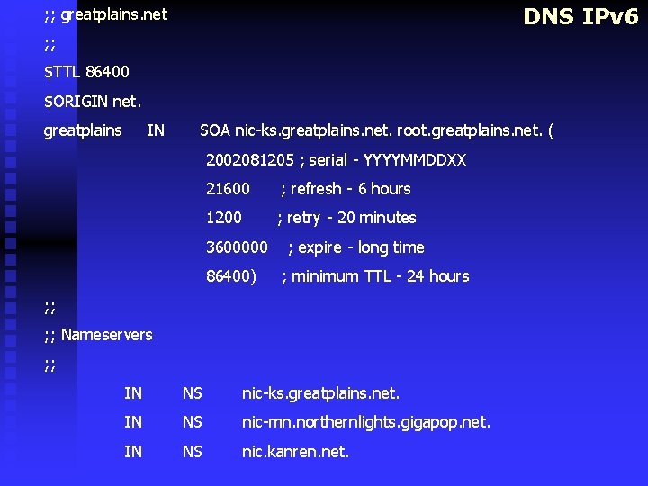 DNS IPv 6 ; ; greatplains. net ; ; $TTL 86400 $ORIGIN net. greatplains