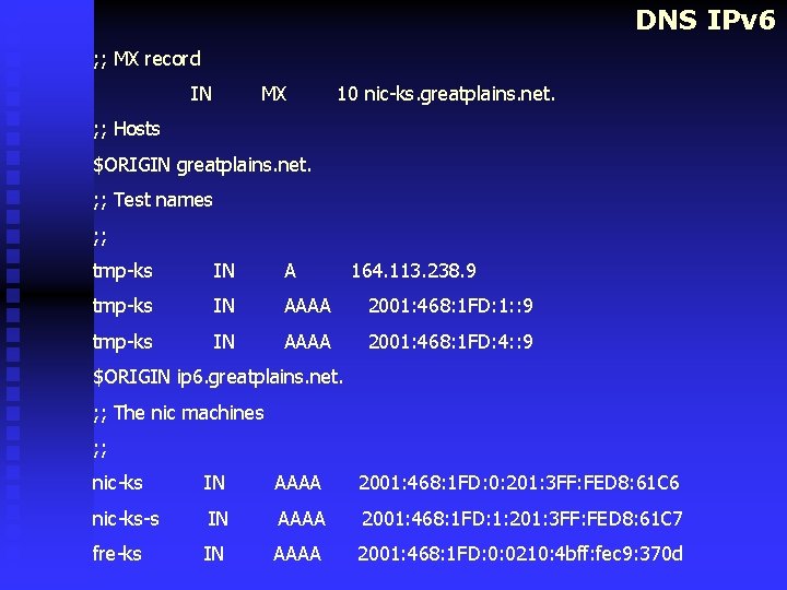 DNS IPv 6 ; ; MX record IN MX 10 nic-ks. greatplains. net. ;