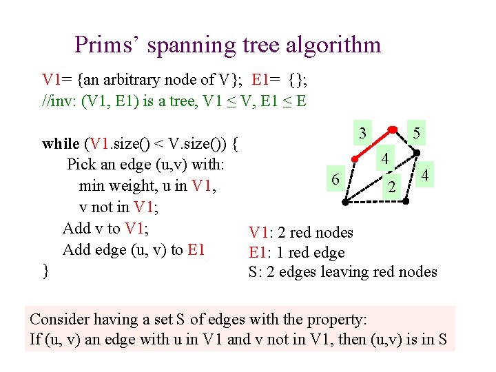 Prims’ spanning tree algorithm V 1= {an arbitrary node of V}; E 1= {};