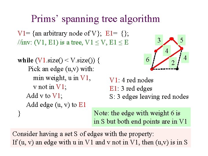 Prims’ spanning tree algorithm V 1= {an arbitrary node of V}; E 1= {};