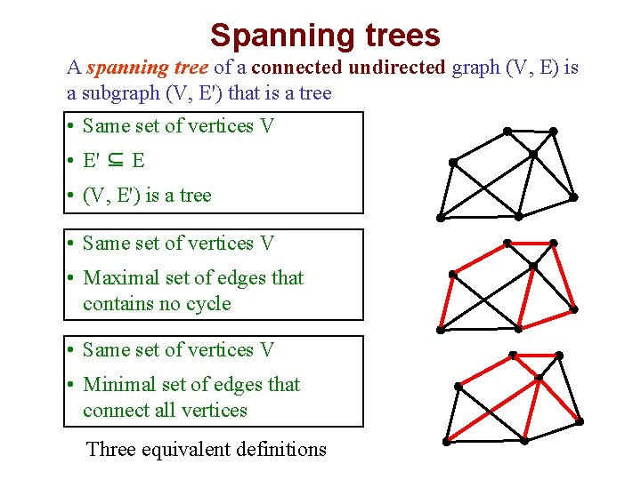 Spanning trees 6 A spanning tree of a connected undirected graph (V, E) is