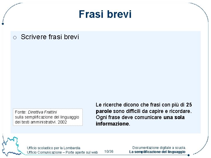 Frasi brevi o Scrivere frasi brevi Fonte: Direttiva Frattini sulla semplificazione del linguaggio dei