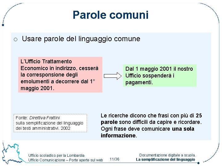 Parole comuni o Usare parole del linguaggio comune L’Ufficio Trattamento Economico in indirizzo, cesserà