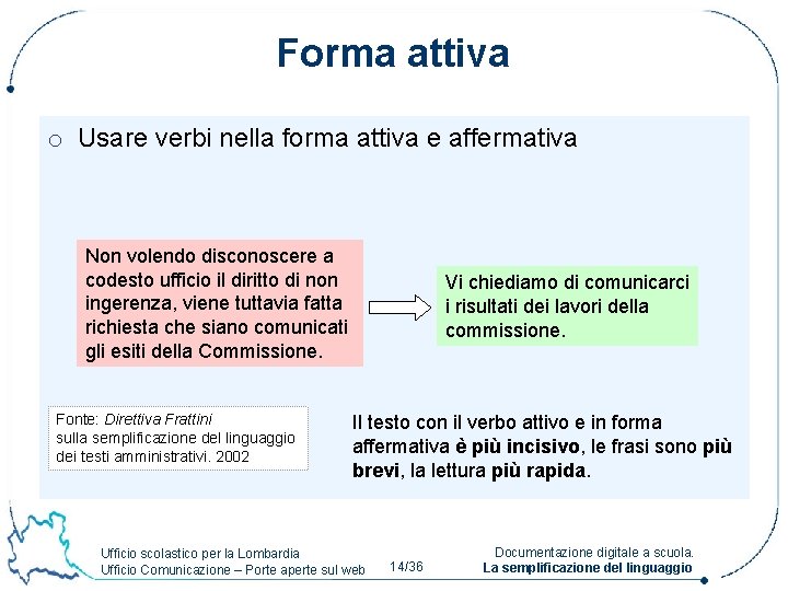 Forma attiva o Usare verbi nella forma attiva e affermativa Non volendo disconoscere a