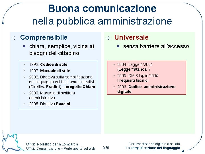 Buona comunicazione nella pubblica amministrazione o Comprensibile o Universale § chiara, semplice, vicina ai