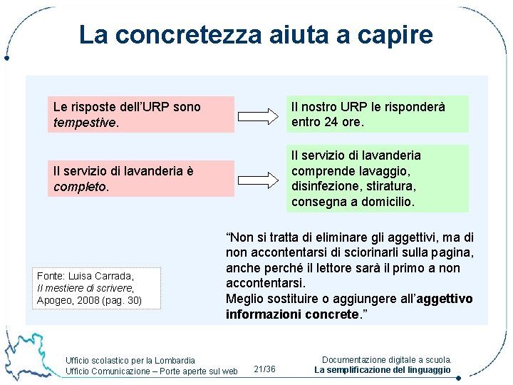 La concretezza aiuta a capire Le risposte dell’URP sono tempestive. Il nostro URP le