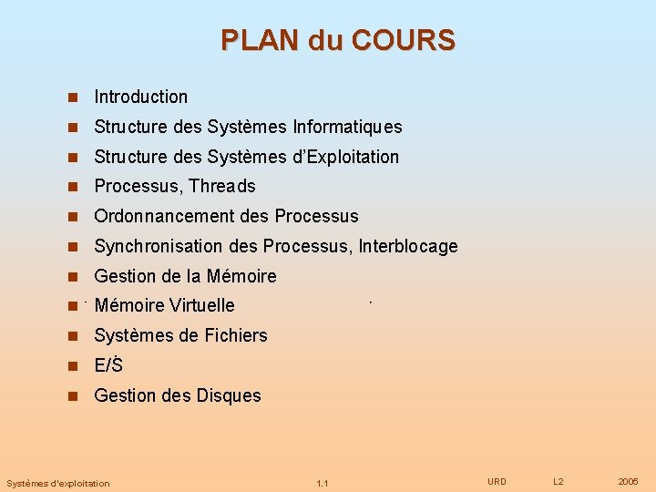 PLAN du COURS Introduction Structure des Systèmes Informatiques Structure des Systèmes d’Exploitation Processus, Threads