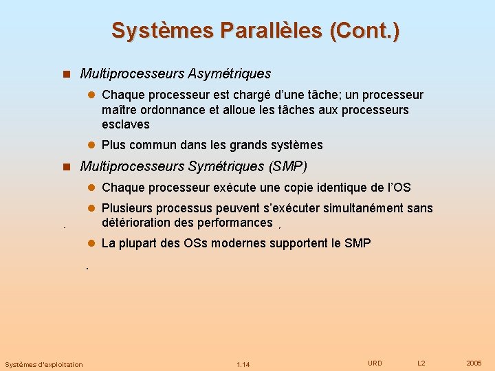 Systèmes Parallèles (Cont. ) Multiprocesseurs Asymétriques Chaque processeur est chargé d’une tâche; un processeur
